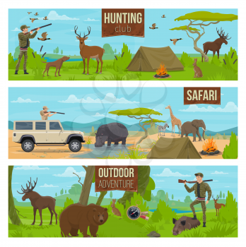 Hunting sport of safari banners with hunter holding rifle, forest and african wild animals. Moose and deer, rabbit and duck, bear and boar, giraffe and elephant, hippo and zebra, trained dog vector
