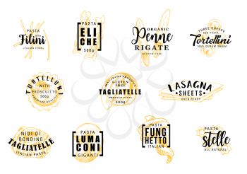 Pasta silhouettes symbols with lettering icons or signs. Filini and eliche, penne and tortellini, tortelloni and tagliatelle, lasagna and lumaconi, funghetto and stelle. Italian cuisine food vector