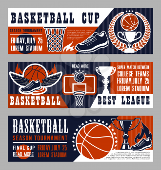 Basketball sport league banner with trophy cup and ball. Vintage brochure for basketball championship or tournament, team game on field. Sneakers with wings, basket and prize in laurel wreath vector