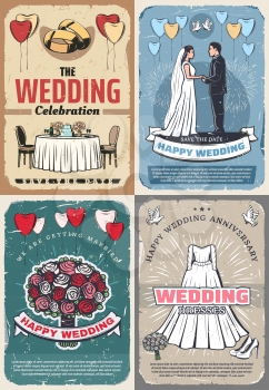Wedding retro posters with banquet table and bouquet of roses, groom and bride, gown and heart shaped balloon. Marriage celebration and ceremony attributes, husband and wife, gold rings vector