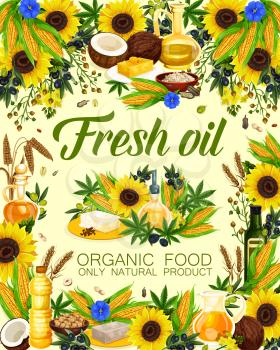 Natural oil of sunflower seeds, olive and corn, peanuts and linseed, wheat and hemp. Oils for cosmetics, pharmaceuticals and soaps, frying food and dressing salads in glass and plastic bottles vector