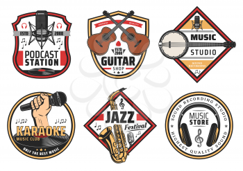 Musical instruments and devices for listening icons and signs for music festival, store, podcast station and recording studio. Microphone and acoustic guitar, banjo and saxophone, headphones and notes