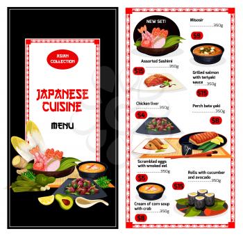 Japanese cuisine food menu. Misosir and sashimi, grilled salmon with teriyaki and chicken liver, perch bata yaki and scrambled eggs with eel, roll with cucumber and cream of corn soup with crab vector