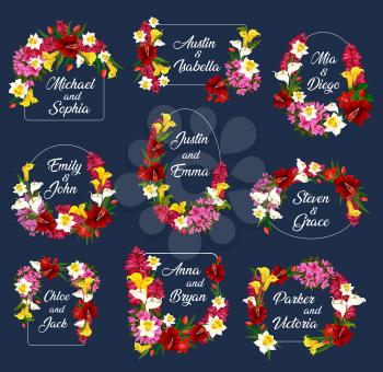 Save the Date flowers and name frames for wedding invitation or greeting card. Vector engagement bride and bridegroom party flowers design of roses, tulips or daffodils and orchid lily bouquets