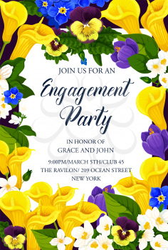 Engagement party invitation card design of blooming flowers bouquet. Vector tulips, callas and crocuses for wedding or marriage celebration event with bride and bridegroom names