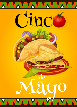 Cinco de Mayo Mexican holiday fiesta greeting card. Vector design of traditional tacos food with avocado guacamole and tomato salsa sauce in Mexican flag frame for Cinco de Mayo celebration