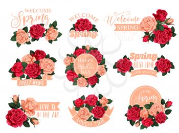 Flower bouquet badge with ribbon banner for Mother Day and Spring Holiday greeting card. Floral wreath of pink and red rose flower, green leaf and bud isolated symbol with greeting wishes and ribbon