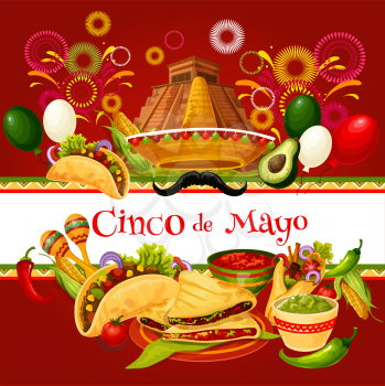 Cinco de Mayo greeting card for mexican holiday celebration. Latin American spring festival sombrero, maracas, chili and jalapeno pepper, food, drink and firework for fiesta party invitation design