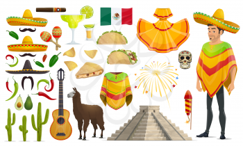 Cinco de Mayo Mexican celebration culture icons. Vector isolated set of Mexico flag, man in sombrero and poncho, tequila or avocado and guitar or maracas, jalapeno pepper and cactus for Cinco De Mayo