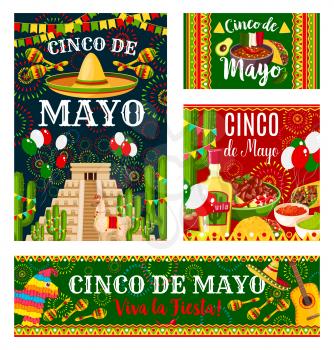 Cinco de Mayo mexican holiday banner set. Fiesta party food, sombrero and maracas, chili pepper, jalapeno and tequila, avocado guacamole, flag and cactus, guitar, pinata and pyramid poster design