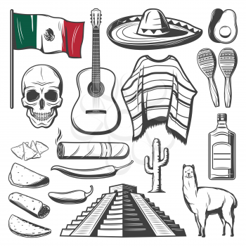 Cinco de Mayo sketch set of mexican holiday festive symbols. Latin American fiesta party maracas, sombrero hat and guitar, chili and jalapeno pepper, Mexico flag, skull, tequila and cactus