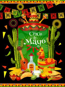 Cinco de Mayo festive banner for mexican holiday invitation. Fiesta party traditional food and drink, sombrero, chili and jalapeno pepper, guitar, tequila and maracas, pinata, cactus and flag poster