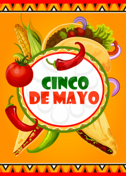 Cinco de Mayo Mexican holiday celebration greeting card of Mexico food tacos, jalapeno pepper and corn, tomato and guacamole avocado salsa. Vector design for traditional Cinco de Mayo fiesta festival
