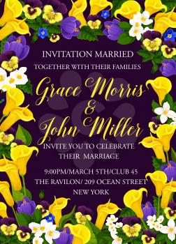 Wedding or marriage ceremony event invitation card design of blooming flowers. Vector Save the Date wedding celebration with bride and bridegroom names and tulips or orchids and crocuses blossoms
