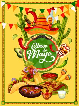 Cinco de Mayo fiesta party food and drink festive banner design. Sombrero hat, chili and jalapeno pepper, maracas, tequila and traditional snack, framed with ethnic ornament and bunting