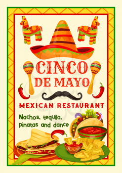 Mexican restaurant festive menu for Cinco de Mayo holiday celebration. Latin American festival traditional food, drink and pepper banner design with sombrero, maracas and pinata, chili and jalapeno