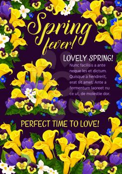 Spring Season Holiday floral banner with flower blossom frame. Festive bouquet of crocus, calla lily, pansy and jasmine, green leaf and flourish branch for Springtime Holiday greeting card design
