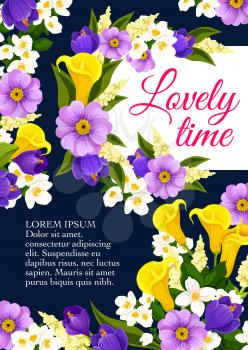 Springtime lovely time floral bunch poster. Vector design of spring yellow tulips and white snowdrops, springtime bouquet of blue crocuses and yellow callas or daisy blossoms