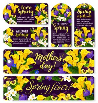 Flower tag for Spring Season and Mother Day holiday template. Flower and blooming garden plant floral bouquet with crocus, calla lily, pansy and jasmine label for Springtime season holiday design