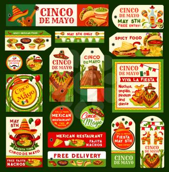Cinco de Mayo greeting cards, tags, posters and banners for Mexican holiday or fiesta party invitation flyers. Vector Mexico flag, sombrero or jalapeno pepper and guitar for Cinco De Mayo celebration