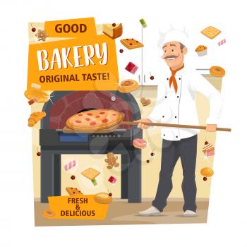 Baker baking pizza in bakery shop. Pastry chef putting shovel with bread in stove cartoon poster with croissant, cake and donut, cupcake, bun and candy, cookie, pie and waffle. Pizzeria, bakery vector