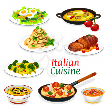 Italian cuisine dishes of pasta, meat and vegetable food. Tomato sauce meatball spaghetti, penne and fettuccine with cheese and pesto, tuna olive and egg salad, baked pork, soups and omelette. Vector