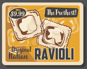Ravioli pasta Italian cuisine dumpling with meat and vegetable fillings. Homemade agnolotti, square shaped pasta dough retro poster, traditional mediterranean food dishes vector theme