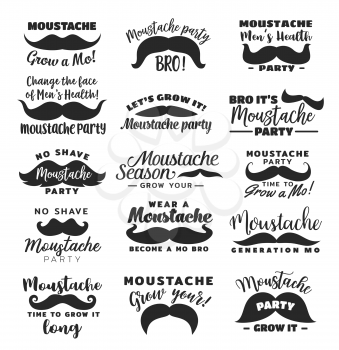 Movember month or mustache season retro monochrome icons. Vector male facial hair styling with curled end vintage symbols. Hipster style badges with lettering, campaign or charity, no shave month
