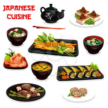 Japanese cuisine vector design with traditional asian dishes. Fried tofu cheese, nigiri sushi and miso soups with eggs, seaweed, broccoli and ginger, lotus root with baked meat, octopus, pork meatball