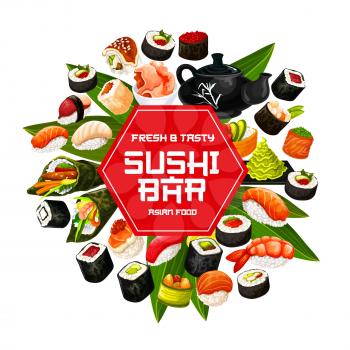 Japanese sushi bar vector poster. California, philadelphia and uramaki sushi rolls, salmon fish and rice nigiri, tuna temaki, seafood hosomaki and caviar gunkan with wasabi and ginger, food design