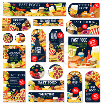 Fast food labels and tags of junk meals and drinks. Vector hamburger, sandwich and pizza, soda, fries and hot dog, chicken nuggets, coffee and ice cream, taco and burrito. Restaurant menu design