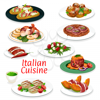 Italian cuisine dishes vector design of beef meat tartare, meatball with cheese and focaccia bread with ham and vegetables. Seafood and tomato mozzarella salads, grilled pork and melon with prosciutto