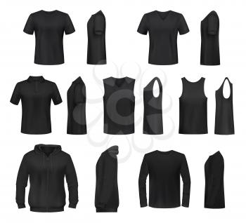 Women shirts 3d vector templates from front and side views. Black t-shirt, polo and hooded sweatshirt, tank top and long sleeve shirt, sport and activewear, promotional uniform design