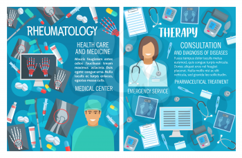 Rheumatology and therapy, medical consultation. Vector rheumatologist doctor with nurse, trauma X-ray for joint and bones, diagnostic and treatment pills, syringe and scalpel