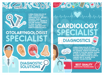 Cardiology and otolaryngology medical clinic. Vector cardiologist and otolaryngologist doctors with instruments, human organs, treatment medicine pills and cardiogram equipment or otoscope