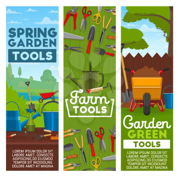 Farm tools and gardening equipment. Vector gardener wheelbarrow with soil, watering can or bucket, planting and hammer, secateurs scissors or spade and rake with hoe hack or pitchfork