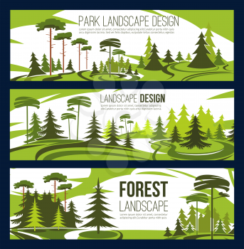 Landscaping design or urban horticulture and planting service. Vector green project design of city ecology gardening, forest trees or parkland squares and parks of eco nature