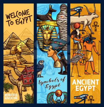 Egypt travel landmarks and ancient religion culture. Vector sketch Egyptian Cheops pharaoh pyramid, camel, sphinx or Tutankhamen mummy and Nefertiti princess, Anubis or Amon Ra deity