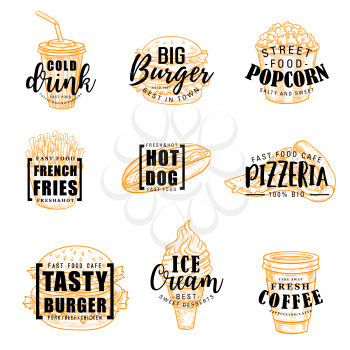 Fast food sketch lettering of cafe, restaurant or bistro menu. Vector icons of coffee or soda drink, burger or popcorn and fries, hot dog sandwich and pizza or ice cream symbols