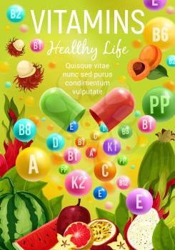 Vitamins and minerals in fruits healthy food. Vector multivitamins in apricot, exotic tropical rambutan or watermelon and passion fruit, citrus orange or grapefruit and dragonfruit