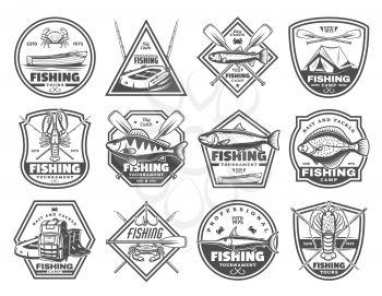 Fishing club or fisher camp icons of fish and rod tackles. Vector fisherman camp tent, boat with paddles and hooks, crab lobster or salmon, flounder and marlin, rubber boots and fishing haversack