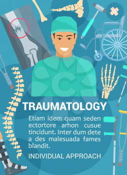 Traumatology medicine, traumatologist doctor and treatment items. Vector X-ray image, trauma, bones and joints, wheelchair and leg prosthesis or crutches