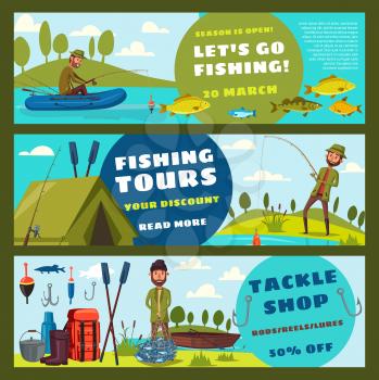 Fishing sport tours or fisherman tackles and equipment. Vector cartoon fisher man in rubber boat on lake or sea with rod, fish catch theme