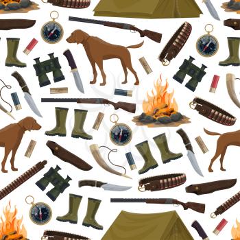 Hunting equipment and hunter ammo seamless pattern. Vector background of hunter rifle gun, hunting dog, rubber boots and compass, pocketknife and camp tent with bullets and horn