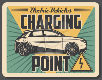 Charging point station, electro car or accumulator battery charge service. Vector transport vehicle, retro style signboard
