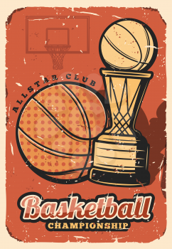Basketball league, college team championship retro design. Vector basketball ball and victory cup, sport game tournament