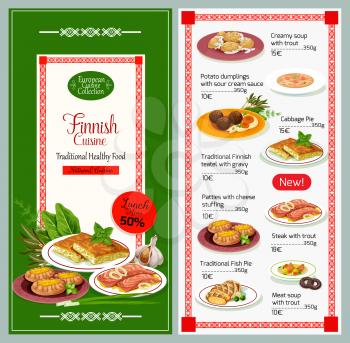Finnish cuisine traditional food menu. Vector trout creamy soup, potato dumplings with sour cream and cabbage pie, teatel with gravy sauce and cheese patties dishes