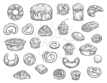 Bread, buns, cakes and pastry desserts vector sketch. Isolated wheat bagel, toast or croissant and bun, sweet chocolate donut and pie with gingerbread cookie biscuits. Bakery shop