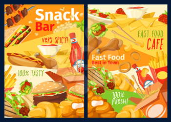 Fast food snacks menu of pizza, cheeseburger or hot dog, Asian noodles, kebab barbecue and onion rings with fries. Vector fastfood restaurant, pizzeria or cinema bistro delivery