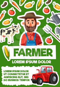 Farmer profession, veggie harvest cattle and agriculture. Vector cartoon man with farm vegetables harvest, cow and tractor, farming and planting tools of pitchfork and watering can